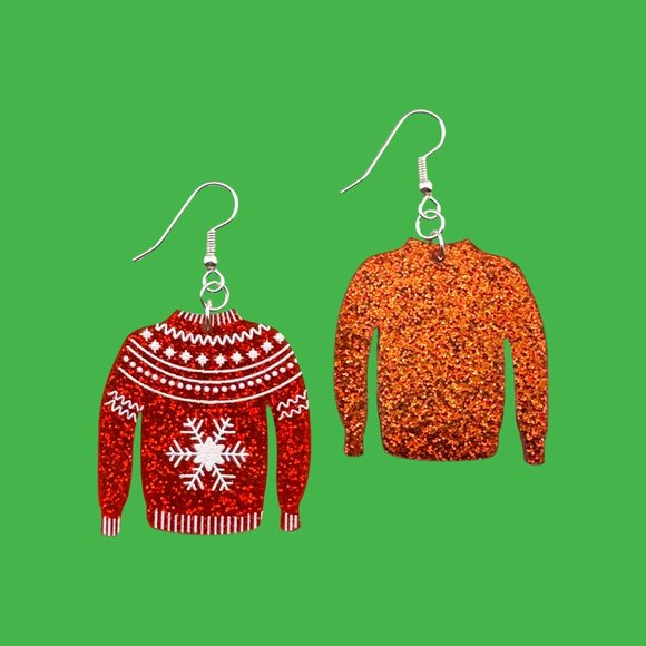 Sparkly Red Sweater with Snowflake Silver Plated Ear Wires - Picture 2 of 3